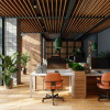 Eco-Friendly Open Plan Modern Office With Tables, Office Chairs, Pendant Lights And Plants